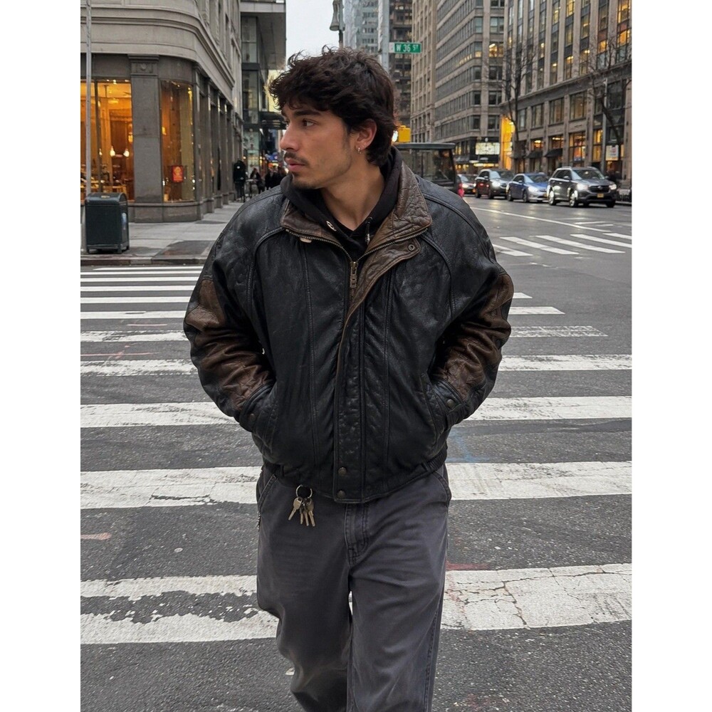 Vintage Members Only Jacket Unisex MD Black & Brown Leather Full Zip Bomber 90s